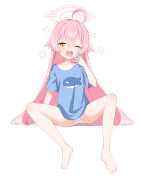 Rule 34 | 1girl, absurdres, ahoge, barefoot, blue archive, blue shirt, blush, collarbone, fang, h9 99999, hair between eyes, highres, hoshino (blue archive), long hair, looking at viewer, one eye closed, open mouth, panties, pink hair, shirt, short sleeves, simple background, solo, toes, underwear, white background, white panties, yellow eyes
