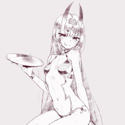 Rule 34 | 1girl, :p, alcohol, blush, breasts, chan co, commentary request, cup, fate/grand order, fate (series), fingernails, grey background, greyscale, hand up, horns, long hair, looking at viewer, monochrome, navel, sakazuki, sake, short eyebrows, shuten douji (fate), simple background, sitting, skin-covered horns, small breasts, smile, solo, sweat, tongue, tongue out, very long hair