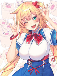 Rule 34 | 1girl, akai haato, akai haato (1st costume), animal print, blonde hair, blue skirt, blush, breasts, commentary request, green eyes, hair ornament, hair ribbon, heart, heart hair ornament, hololive, large breasts, long hair, looking at viewer, lower teeth only, mikan (chipstar182), one eye closed, one side up, open mouth, pig print, red ribbon, ribbon, shirt, short sleeves, skirt, smile, solo, teeth, virtual youtuber