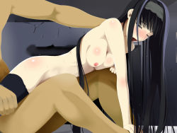 Rule 34 | 1boy, 1girl, aroale, black hair, blush, breast press, breasts, character request, copyright request, closed eyes, hetero, highres, large breasts, long hair, nipples, nude, open mouth, pantyhose, sex, sitting, tagme, tears, teitetsu kishidan, thighhighs, thighs, vaginal