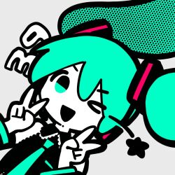 Rule 34 | &gt; o, 1girl, 39, ben-day dots, collared shirt, commentary request, double v, flat color, floating hair, green eyes, green hair, green necktie, hair ornament, hands up, hatsune miku, headphones, inemuri (jdq5e), limited palette, looking at viewer, necktie, one eye closed, open mouth, screentones, shirt, simple background, sleeveless, sleeveless shirt, smile, solo, star (symbol), thick outlines, twintails, upper body, v, v-shaped eyebrows, vocaloid, white background, wink star