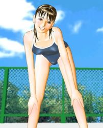 Rule 34 | 1girl, bent over, breasts, brown hair, female focus, fence, flat chest, hands on own knees, ishikura syouji, lowres, nature, one-piece swimsuit, outdoors, sky, small breasts, solo, swimsuit