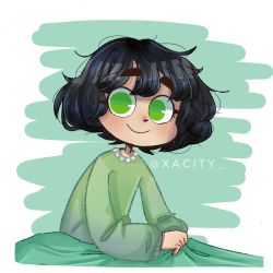 Rule 34 | 1girl, absurdres, artist name, black hair, blush, buttercup (ppg), buttercup redraw challenge (meme), derivative work, green eyes, green pajamas, highres, looking at viewer, meme, messy hair, pajamas, powerpuff girls, screenshot redraw, smile, solo, under covers, upper body, xacity