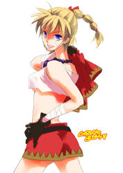 Rule 34 | 1girl, a zumi anzu, back, bandages, beads, belt, blonde hair, blue eyes, braid, breasts, chrono cross, crop top, facial mark, gloves, hand on own hip, jewelry, kid (chrono cross), long hair, looking at viewer, looking back, medium breasts, midriff, miniskirt, multi-tied hair, necklace, no bra, ponytail, sideboob, single braid, skirt, smile, solo, torn clothes, underboob, vest