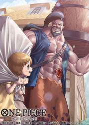 Rule 34 | 1boy, 1girl, abs, aged down, aladdin (one piece), barrel, beard, brown hair, commentary request, copyright name, dress, facial hair, fish boy, holding, holding barrel, kagelow, koala (one piece), looking at another, looking down, looking up, muscular, muscular male, official art, one piece, one piece card game, open clothes, open vest, ponytail, red nose, sharp teeth, short hair, sky, stomach tattoo, tattoo, teeth, vest, yellow dress