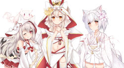 Rule 34 | 3girls, alternate costume, animal ear fluff, animal ears, ayanami (azur lane), ayanami (demon&#039;s finest dress) (azur lane), ayanami (demon&#039;s finest dress) (azur lane), azur lane, bare shoulders, blush, breasts, brown eyes, cat ears, chinese commentary, choker, collar, commentary request, detached sleeves, dress, flat chest, flower, grey hair, hair flower, hair ornament, hood, japanese clothes, kana (kuaua), large breasts, long hair, long sleeves, looking at viewer, midriff, multiple girls, navel, one eye closed, platinum blonde hair, pleated skirt, red collar, red eyes, short hair, sidelocks, simple background, skirt, smile, string, string of fate, thighhighs, tongue, tongue out, underboob, wedding dress, white background, white hair, white legwear, wide sleeves, yellow eyes, yukikaze (azur lane), yukikaze (the warmth of spring) (azur lane), yuudachi (azur lane), yuudachi (the bride of solomon) (azur lane)