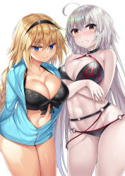 Rule 34 | 2girls, absurdres, ahoge, arms behind back, bad id, bad twitter id, bare shoulders, bikini, black bikini, black choker, black hairband, blonde hair, blue eyes, blue jacket, blush, braid, breasts, choker, cleavage, closed mouth, collarbone, crossed arms, fate/grand order, fate (series), frown, hair between eyes, hairband, highres, hood, hooded jacket, jacket, jeanne d&#039;arc alter (swimsuit berserker) (fate), jeanne d&#039;arc (fate), jeanne d&#039;arc (ruler) (fate), jeanne d&#039;arc (swimsuit archer) (fate), jeanne d&#039;arc (swimsuit archer) (first ascension) (fate), jeanne d&#039;arc alter (fate), jeanne d&#039;arc alter (swimsuit berserker) (fate), large breasts, long braid, long hair, long sleeves, looking at viewer, multiple girls, nano (syoutamho), navel, o-ring, o-ring bikini, pale skin, silver hair, simple background, single braid, smile, swimsuit, very long hair, white background, yellow eyes