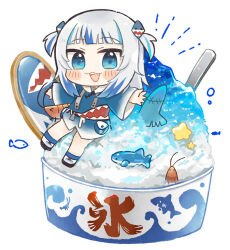 Rule 34 | 1girl, :3, :d, animal hood, blue eyes, blue hair, blunt bangs, blush stickers, chibi, commentary, ebi-chan (gawr gura), fins, fish tail, food, gawr gura, hair ornament, hololive, hololive english, hood, in food, looking at viewer, multicolored hair, open mouth, same anko, shark girl, shark hair ornament, shark hood, shark tail, sharp teeth, shaved ice, simple background, smile, solo, streaked hair, tail, teeth, two side up, virtual youtuber, white background, white hair, wide sleeves