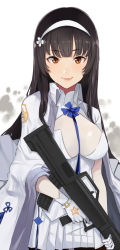 Rule 34 | 1girl, :q, assault rifle, black hair, brown eyes, bullpup, closed mouth, finger on trigger, girls&#039; frontline, gloves, gun, hairband, holding, holding gun, holding weapon, jacket, jacket on shoulders, licking lips, long hair, looking at viewer, nesume, pleated skirt, qbz-95, rifle, skirt, smile, solo, tongue, tongue out, type 95 (girls&#039; frontline), weapon, white gloves, white skirt