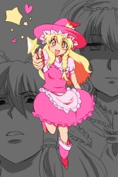 Rule 34 | 3girls, alice margatroid, alternate color, blonde hair, boots, bow, braid, dress, female focus, gioha, hair bow, hakurei reimu, hat, heart, jitome, kirisame marisa, magical girl, multiple girls, open mouth, pink dress, pink footwear, pink hat, star (symbol), stick, touhou, witch, witch hat