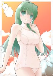 Rule 34 | 1girl, absurdres, blue sky, blush, clothing aside, cloud, collarbone, cowboy shot, day, evening, frog hair ornament, green eyes, green hair, hair between eyes, hair ornament, hair tubes, highres, kochiya sanae, long hair, looking at viewer, nazawa (nother), old school swimsuit, one-piece swimsuit, outdoors, school swimsuit, sky, smile, snake hair ornament, solo, swimsuit, swimsuit aside, touhou, water, wet, white one-piece swimsuit