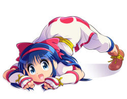 Rule 34 | 1girl, ainu clothes, all fours, ass, bent over, blue eyes, blue hair, feet, fingerless gloves, gloves, hair ribbon, jack-o&#039; challenge, legs, long hair, looking at viewer, meme, nakoruru, open mouth, pants, ribbon, samurai spirits, shoes, smile, snk, the king of fighters, thighs