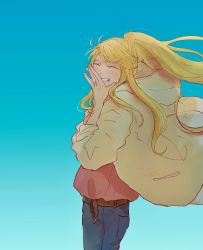 Rule 34 | 1girl, blonde hair, blush, closed eyes, coat, fullmetal alchemist, hand on own face, highres, jewelry, looking at viewer, ohs8zaf3j5, ring, simple background, smile, solo, wedding ring, wind, winry rockbell