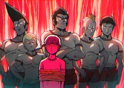 6+boys aoki_(fumomo) bare_arms black_eyes black_hair blonde_hair blunt_bangs blush_stickers bound character_request closed_mouth commentary_request cowboy_shot crossed_arms expressionless fiery_background fire frown furrowed_brow hands_on_own_hips kageyama_shigeo male_focus mob_psycho_100 mohawk multiple_boys muscular muscular_male pompadour red_background red_shorts shirt short_hair short_sleeves shorts sportswear t-shirt thick_eyebrows tied_up_(nonsexual) very_short_hair white_shirt