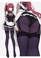 Rule 34 | alternate costume, apron, ass, back, black skirt, bodysuit, breasts, closed mouth, enmaided, evan yang, eyes visible through hair, fate/grand order, fate (series), full body, hair between eyes, hair intakes, highres, large breasts, legs, long hair, maid, maid headdress, miniskirt, mtu virus, multiple views, ponytail, purple bodysuit, purple hair, red eyes, scathach (fate), see-through, skirt, standing, thighs, tray, waist apron, white apron
