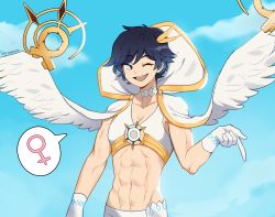 Rule 34 | 1girl, abs, absurdres, artist name, black hair, blue hair, blue sky, breasts, cloud, cloudy sky, commentary, english commentary, feathered wings, feathers, female focus, genderswap, genderswap (mtf), genshin impact, gloves, gradient hair, highres, male focus, midriff, multicolored hair, muscular, muscular female, navel, one eye closed, open mouth, reverse trap, short hair, sky, sky guy art, small breasts, solo, speech bubble, upper body, venti (archon) (genshin impact), venti (genshin impact), venus symbol, watermark, white feathers, white gloves, white wings, wings