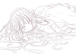 Rule 34 | 1girl, absurdres, amano sakuya, dress, frills, gosick, gothic lolita, hairband, highres, lineart, lolita fashion, long hair, looking at viewer, lying, lying on water, monochrome, on stomach, ribbon, solo, very long hair, victorica de blois