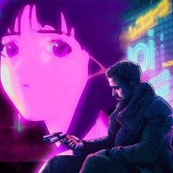 Rule 34 | 1boy, 1girl, asymmetrical hair, blade runner, blade runner 2049, crossover, cyberpunk, hologram, holographic woman, iwakura lain, jacket, k (blade runner 2049), looking at hand, neon lights, neon sign, science fiction, serial experiments lain, tagme, third-party edit, weapon