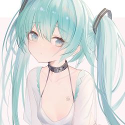 Rule 34 | 1girl, belt collar, breasts, collar, eyebrows hidden by hair, green eyes, green hair, hair between eyes, hairband, hatsune miku, highres, looking at viewer, ookamisama, shirt, simple background, solo, twintails, upper body, vocaloid, white background