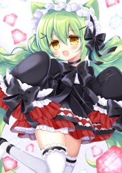 Rule 34 | 1girl, :d, ahoge, akashi (azur lane), akashi (the black cat cometh!) (azur lane), animal ear fluff, animal ears, azur lane, black bow, black dress, black footwear, blurry, blurry background, blush, bow, brown eyes, cat ears, colored eyelashes, commentary request, cube, depth of field, dress, feet out of frame, frilled thighhighs, frills, gem, green hair, hair between eyes, hair bow, hair ornament, hairclip, hands up, highres, long hair, long sleeves, mismatched eyelashes, open mouth, red gemstone, shikito (yawa0w0), shoes, sleeves past fingers, sleeves past wrists, smile, solo, thighhighs, twintails, very long hair, white thighhighs, wisdom cube (azur lane)