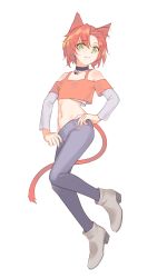 Rule 34 | 1girl, absurdres, animal ears, ankle boots, bell, black choker, blue pants, boots, cat ears, cat tail, choker, crop top, fang, fang out, freckles, full body, green eyes, grey footwear, hands on own hips, high heel boots, high heels, highres, jingle bell, layered sleeves, long sleeves, looking at viewer, midriff, milim nova, navel, neck bell, orange shirt, original, pants, red hair, shirt, short hair, short over long sleeves, short sleeves, simple background, smile, solo, tail, white background