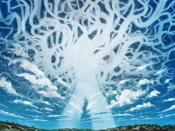 Rule 34 | anato finnstark, berserk, blue sky, cloud, commentary, day, english commentary, giant tree, highres, making-of available, no humans, outdoors, scenery, sky, tree