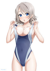Rule 34 | 1girl, blue eyes, blue one-piece swimsuit, blush, breasts, chestnut mouth, clothes pull, collarbone, competition swimsuit, covered navel, cowboy shot, grey hair, groin, hair between eyes, hands up, highleg, highleg swimsuit, large breasts, looking at viewer, love live!, love live! sunshine!!, miel (lessontome), nipple slip, nipples, one-piece swimsuit, one-piece swimsuit pull, open mouth, puffy nipples, short hair, simple background, solo, standing, strap lift, surprised, swept bangs, swimsuit, taut clothes, teeth, thighs, upper teeth only, watanabe you, white background