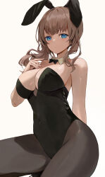 Rule 34 | 1girl, absurdres, animal ears, bare shoulders, black bow, black bowtie, black pantyhose, blunt bangs, blush, bow, bowtie, breasts, brown hair, cleavage, closed mouth, covered navel, detached collar, fake animal ears, highres, large breasts, leotard, looking at viewer, medium hair, mochizuki honami, pantyhose, playboy bunny, project sekai, rabbit ears, simple background, solo, tomura2maru, white background