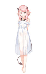 Rule 34 | 1girl, arms behind back, bare shoulders, barefoot, closed mouth, commentary request, demon girl, demon horns, demon tail, dress, full body, highres, horns, long hair, off-shoulder dress, off shoulder, original, pink hair, pleated dress, pointy ears, see-through, simple background, smile, solo, standing, tail, white background, white dress, yuuji (yukimimi)