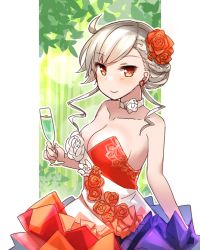 Rule 34 | 1girl, alternate costume, alternate hairstyle, blush, breasts, champagne flute, choker, cleavage, cup, dress, drinking glass, earrings, fate/grand order, fate (series), flower, hair flower, hair ornament, hair up, jewelry, large breasts, looking at viewer, ohitashi netsurou, olga marie animusphere, olga marie animusphere (afternoon party), silver hair, smile, solo, strapless, strapless dress, yellow eyes