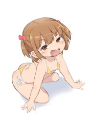 Rule 34 | 1girl, ass, bikini, bow, brown eyes, brown hair, bubukka, child, collarbone, female focus, from above, from below, full body, hair bow, looking at viewer, looking up, marui mitsuba, mitsudomoe, open mouth, side-tie bikini bottom, simple background, solo, swimsuit, teeth, thong, thong bikini, upper teeth only, white background
