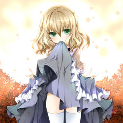 Rule 34 | 1girl, bad id, bad pixiv id, blonde hair, clothes in mouth, clothes lift, dress, dress in mouth, dress lift, female focus, green eyes, mizuhashi parsee, mouth hold, nanase nao, short hair, skirt, skirt lift, solo, thighhighs, touhou, white thighhighs