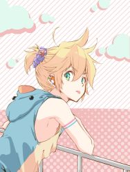 Rule 34 | 1boy, agi hayami, aqua eyes, arm support, bare shoulders, bass clef, blonde hair, cloud, commentary, duck hood, earbuds, earphones, earrings, fortissimo, hair ornament, hair scrunchie, halftone, halftone background, handrail, hood, hoodie, jewelry, kagamine len, leaning forward, looking at viewer, looking back, male focus, musical note, musical note hair ornament, pectorals, pink background, scrunchie, short ponytail, sidepec, solo, spiked hair, tongue, tongue out, v-shaped eyebrows, vocaloid