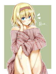 Rule 34 | 1girl, alice margatroid, alternate costume, bad id, bad pixiv id, bare legs, bare shoulders, blonde hair, blue eyes, blush, body blush, bottomless, character name, collarbone, female focus, frown, green background, hair between eyes, hairband, hand in own hair, hand on own face, head tilt, knees to chest, lips, looking at viewer, naked sweater, no pants, off shoulder, oktbatch, oversized clothes, shiny skin, short hair, sitting, smile, solo, sweater, touhou, wide sleeves