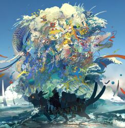 Rule 34 | 1boy, abstract, absurdres, black cat, blue sky, cat, circle, cloud, colorful, dragon, eastern dragon, fire, fire, flower, highres, kukka, original, ribbon, riding, sand, sky, water, waves