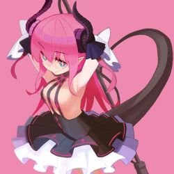 Rule 34 | 10s, 1girl, armpits, arms behind head, blue eyes, breasts, detached sleeves, elizabeth bathory (fate), elizabeth bathory (fate/extra ccc), elizabeth bathory (first ascension) (fate), fate/extra, fate/extra ccc, fate (series), holding, holding polearm, holding weapon, horns, lance, long hair, looking at viewer, pink background, pink hair, polearm, simple background, smile, solo, star-shaped pupils, star (symbol), symbol-shaped pupils, tail, weapon, yuuki (irodo rhythm)