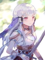 Rule 34 | 1girl, closed mouth, dancer, dancer (fire emblem: three houses), dress, fire emblem, fire emblem: three houses, hair ornament, highres, holding, holding sword, holding weapon, long hair, lysithea von ordelia, nintendo, pink eyes, repu (rep sha), solo, sword, upper body, weapon, white hair