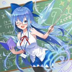 Rule 34 | 1girl, aged up, ahase hino, alternate breast size, armpit peek, blue bow, blue eyes, blue hair, bow, breasts, cirno, fairy wings, hair between eyes, hair bow, highres, ice, ice wings, large breasts, miniskirt, neck ribbon, pantyhose, red ribbon, ribbon, shirt, short hair, skirt, sleeveless, solo, touhou, white shirt, wings
