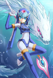 Rule 34 | 1girl, android, blue eyes, bodysuit, boots, breasts, bubble, capcom, closed mouth, day, gloves, gold trim, helmet, high heels, highres, holding, holding weapon, ice, ice dragon, inti creates, fairy leviathan (mega man), looking at viewer, medium breasts, mega man (series), mega man zero (series), polearm, red eyes, smile, solo, spear, thigh boots, thighhighs, underwater, weapon, white gloves