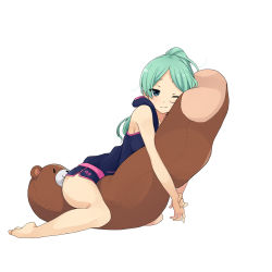 Rule 34 | 1girl, barefoot, body pillow, character request, full body, green eyes, green hair, highres, long hair, matching hair/eyes, hugging object, official art, own hands together, pillow, shorts, simple background, solo, stuffed animal, stuffed toy, swept bangs, teddy bear, teddy bear straddle, white background, wince, youkai hyakki-tan!