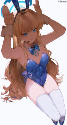 Rule 34 | 1girl, animal ears, armpits, arms up, artist name, blonde hair, blue archive, blue bow, blue bowtie, blue eyes, blue hairband, blue leotard, blush, bow, bowtie, breasts, cleavage, closed mouth, covered navel, detached collar, earrings, fake animal ears, from above, hairband, halo, headset, highres, jewelry, leotard, long hair, looking at viewer, lufi ays, medium breasts, rabbit ears, rabbit pose, simple background, smile, solo, strapless, strapless leotard, stud earrings, thighhighs, toki (blue archive), very long hair, white background, white thighhighs, wrist cuffs