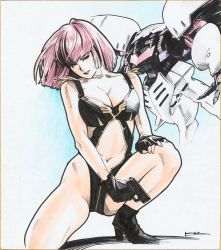 Rule 34 | 1girl, adapted costume, black footwear, black gloves, blue eyes, breasts, cleavage, clothing cutout, collarbone, fingerless gloves, gloves, gun, gundam, gundam zz, haman karn, hand on own thigh, handgun, head tilt, high heels, highres, holding, holding gun, holding weapon, looking at viewer, mecha, medium breasts, mobile suit, navel, on one knee, pink hair, qubeley, robot, science fiction, short hair, smile, stomach cutout, toweling3, weapon