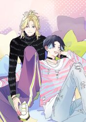 Rule 34 | 2boys, black hair, black sweater, blonde hair, blue eyes, blue hair, half updo, high ponytail, highres, hikage toma, jewelry, looking at viewer, male focus, multicolored background, multicolored hair, multiple boys, necklace, open mouth, paradox live, pillow, pink background, polka dot, polka dot background, purple eyes, shirt, sitting, smile, star (symbol), sweater, teeth, turtleneck, turtleneck sweater, white background, white shirt, yamato shogo, yuz46