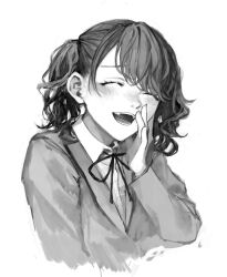 Rule 34 | 1girl, blush, closed eyes, commentary request, fangs, fukumaru koito, greyscale, hand on own cheek, hand on own face, hand up, highres, idolmaster, idolmaster shiny colors, jacket, laughing, long sleeves, medium hair, monochrome, open mouth, ribbon, smile, solo, teeth, twintails, umeume332, upper body, wavy hair, white background, wing collar