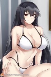 Rule 34 | 1girl, aslindsamure, bare shoulders, bikini, black hair, blush, breasts, cleavage, closed mouth, collarbone, hair between eyes, highres, kantai collection, large breasts, long hair, looking at viewer, multi-strapped bikini, nagato (kancolle), navel, red eyes, smile, solo, swimsuit, thighs, white bikini