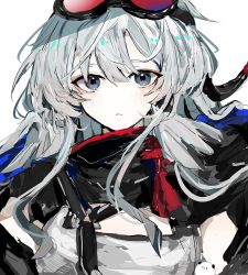 Rule 34 | 1girl, arknights, bad id, bad twitter id, black scarf, feather hair, female focus, grey eyes, grey hair, grey shirt, hair between eyes, highres, light blush, long hair, looking at viewer, mulberry (arknights), parted lips, scarf, shiosan, shirt, sidelocks, simple background, sketch, solo, upper body, white background