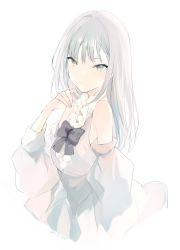 Rule 34 | 1girl, black bow, bow, closed mouth, detached sleeves, dress, frills, green eyes, hand up, highres, long hair, looking at viewer, lpip, original, simple background, sleeveless, sleeveless dress, solo, symbol-only commentary, upper body, white background, white dress, white hair, white sleeves