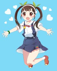 Rule 34 | 1girl, :d, bandaid, bandaid on knee, bandaid on leg, black skirt, blue background, blush, bracelet, brown footwear, brown hair, cherry print, commentary request, fang, food print, full body, green ribbon, hachikuji mayoi, hair ribbon, hairband, heart, highres, jewelry, jumping, long hair, looking at viewer, mashimaro tabetai, monogatari (series), neck ribbon, open mouth, outstretched arms, red eyes, red ribbon, ribbon, shirt, shoes, short sleeves, simple background, skin fang, skirt, smile, socks, solo, star (symbol), suspender skirt, suspenders, twintails, white hairband, white shirt, white socks