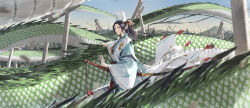 Rule 34 | 1girl, black hair, chinese zodiac, commentary, dragon, dragon horns, eastern dragon, green scales, hat, highres, horns, japanese clothes, katana, long sleeves, looking at viewer, original, outdoors, ponytail, red eyes, ribbon-trimmed sleeves, ribbon trim, scales, somehira katsu, sword, torii, weapon, white headwear, wide sleeves, year of the dragon