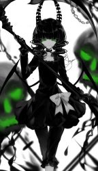 Rule 34 | 1girl, :q, artist name, black dress, black gloves, black hair, black rock shooter, bow, chain, chinese commentary, choker, collarbone, commentary request, dead master, demon wings, dress, eyelashes, feet out of frame, gloves, green eyes, green theme, hand up, highres, holding, holding scythe, holding weapon, horns, limited palette, long hair, long sleeves, looking at viewer, monochrome, pants, scythe, sheya, short dress, signature, simple background, skull, smile, solo, spot color, standing, tongue, tongue out, wavy hair, weapon, white background, wings